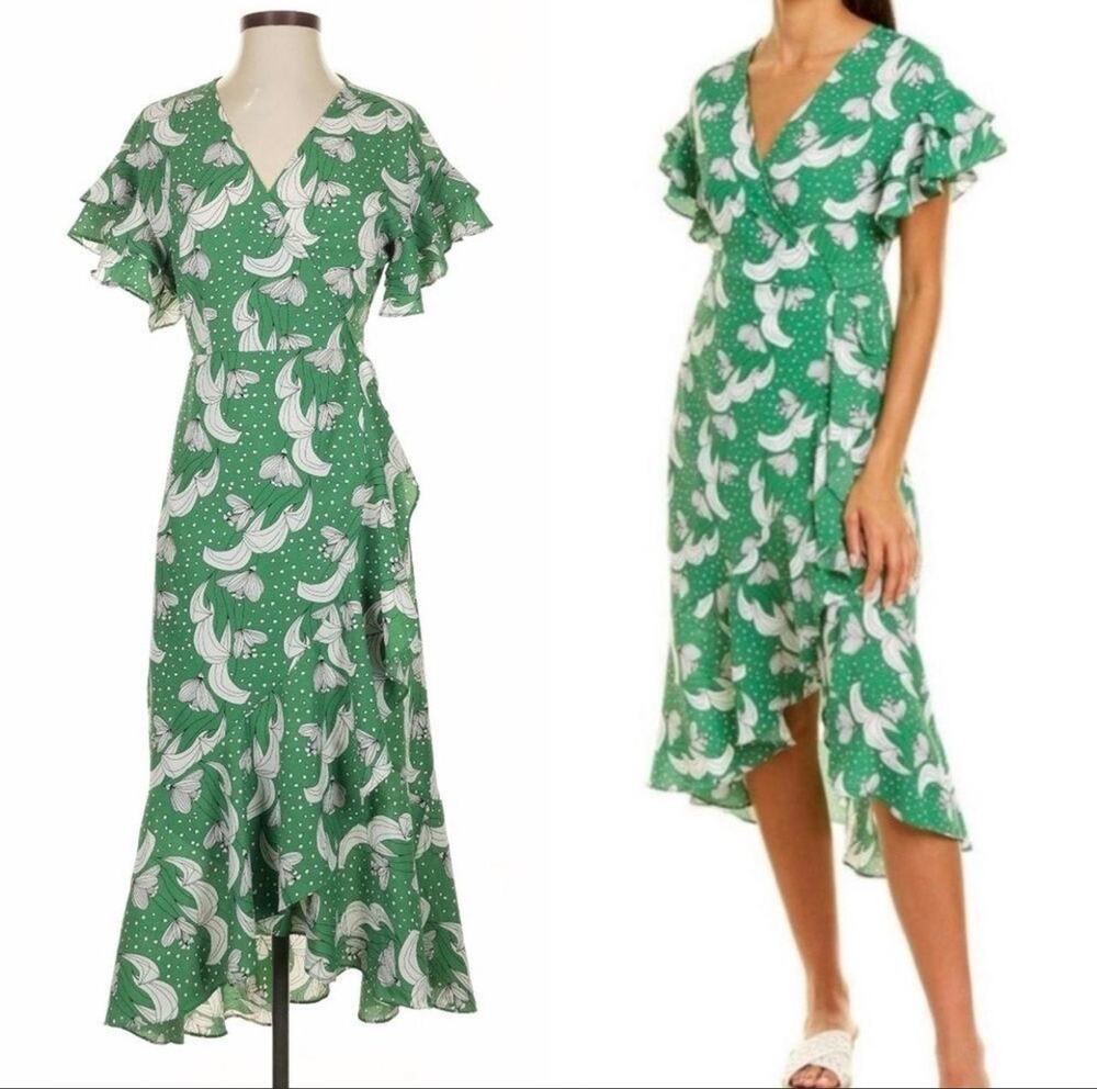 Max Studio Med Green White Wrap dress NWT $125 retail ruffles